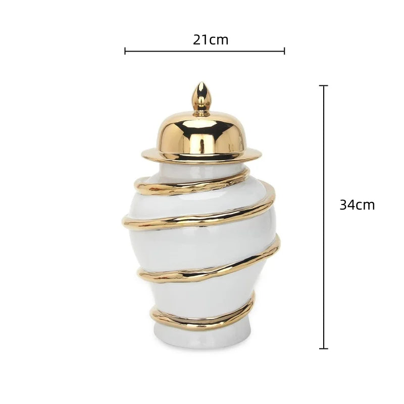 Afralia™ Ceramic Golden General's Striped Ginger Jar Flower Vase for Home Decoration