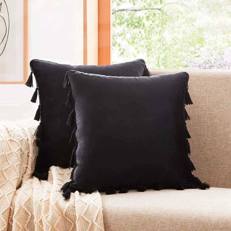 Afralia™ Black Velvet Tassel Fringe Throw Pillow Cover for Bed Sofa Couch