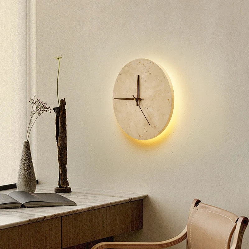 Afralia™ Vintage Wabi Sabi Yellow Travertine LED Wall Clock for Home and Bedroom