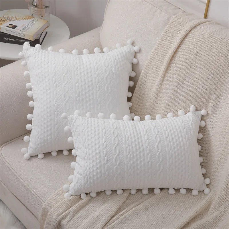 Afralia™ Lace Pompom Cotton Cushion Cover, 50x50cm, White Balls, Soft Seat Cover, Home Decor