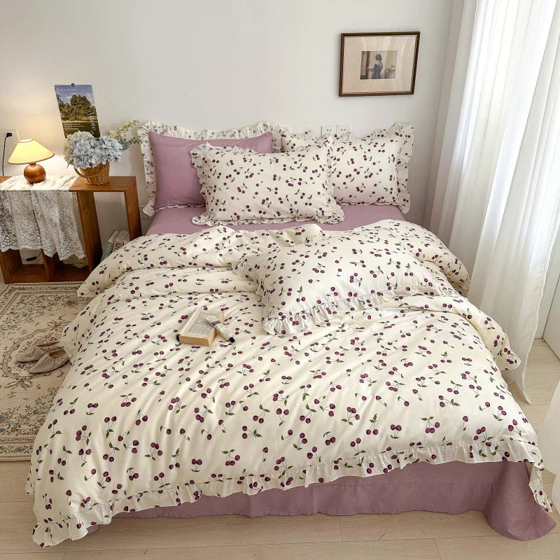 Afralia™ Floral Lace Ruffle Bedding Set, Fresh Flower Single Duvet Cover, 100% Cotton