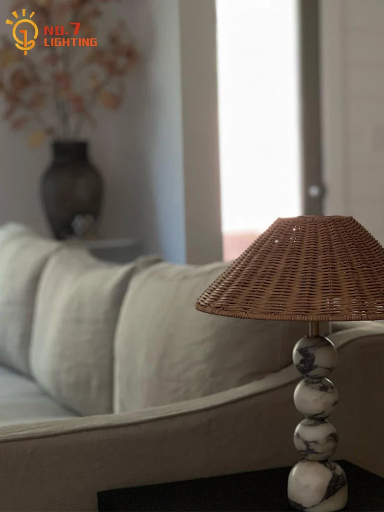 Afralia™ Wabi-Sabi Marble Table Lamp LED Rattan Weaving Desk Light for Home & Hospitality