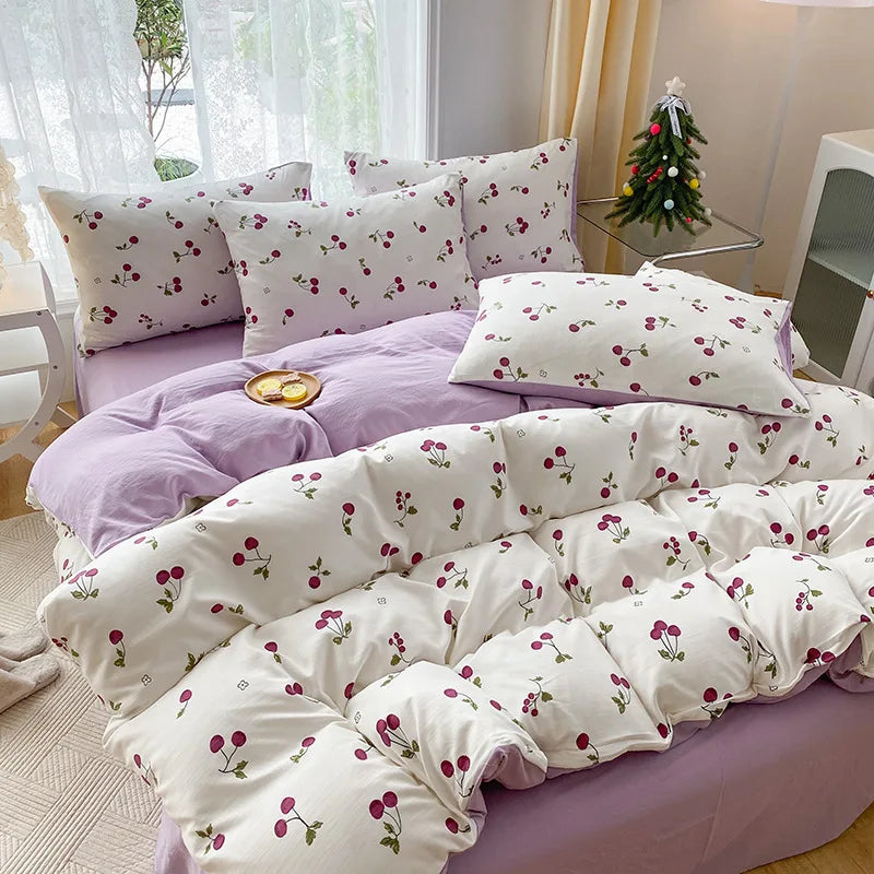 Afralia™ Cartoon Heart Plant Floral Print 3Pcs Set (Duvet Cover + Pillowcases)