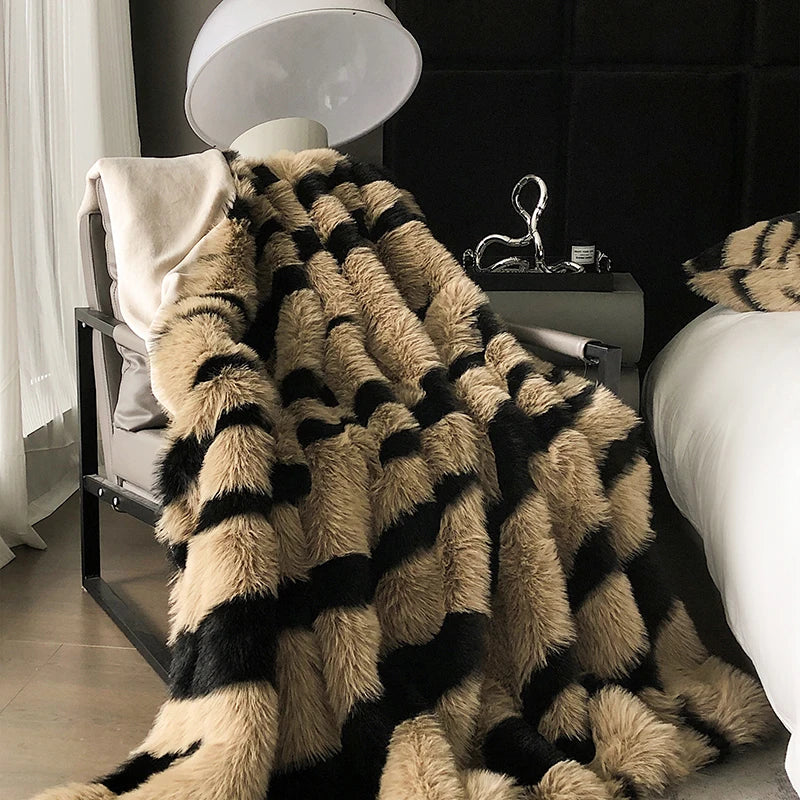 Afralia™ Zebra Print Faux Fur Blanket - Luxurious Bed Linen, Fox Fur Throw, Sofa Plaid