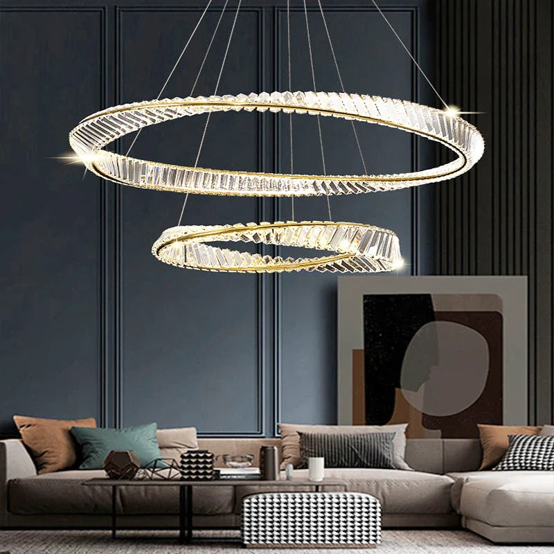 Afralia™ Gold Steel Rings Crystal Pendant Light