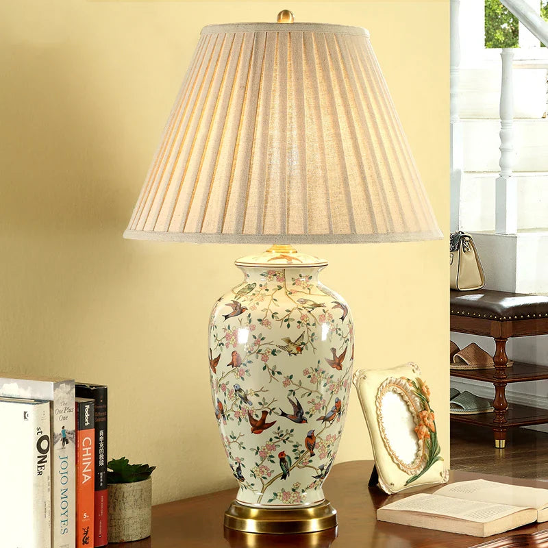 Afralia™ Ceramic Bird Flower Table Lamp | Vintage Country Bedroom Study Retro Lighting