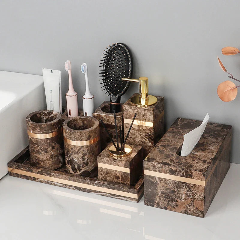 Afralia™ Emperador Dark Marble Bathroom Set: Toothbrush Holder, Soap Dispenser, Luxury Accessories