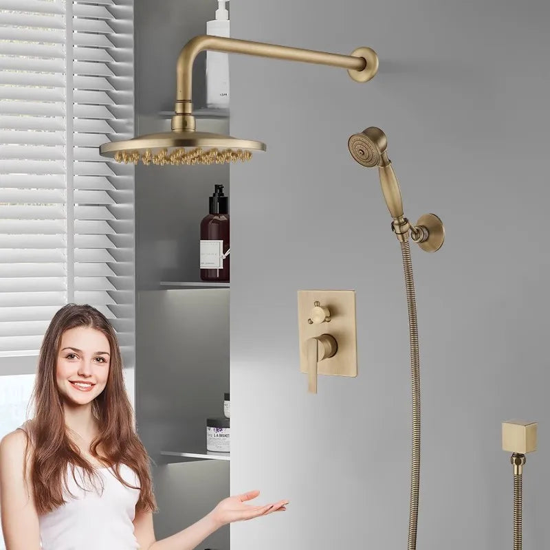 Afralia™ Antique Brass Shower Faucet Set with 10 Inch Round Head - Bathroom Wall Kit