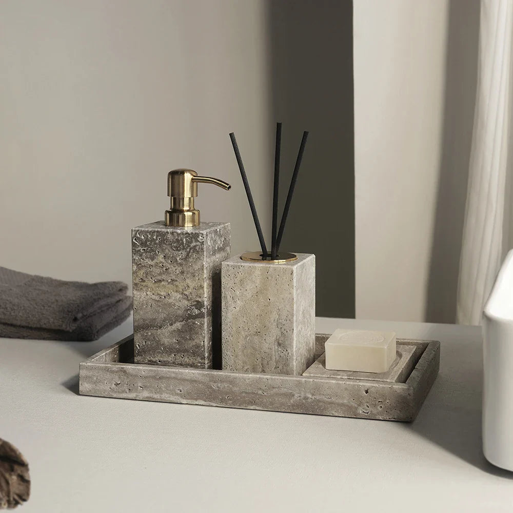 Afralia™ Travertino Marble Bathroom Set - Soap Holder, Dispenser, Vanity Tray - Vintage Style