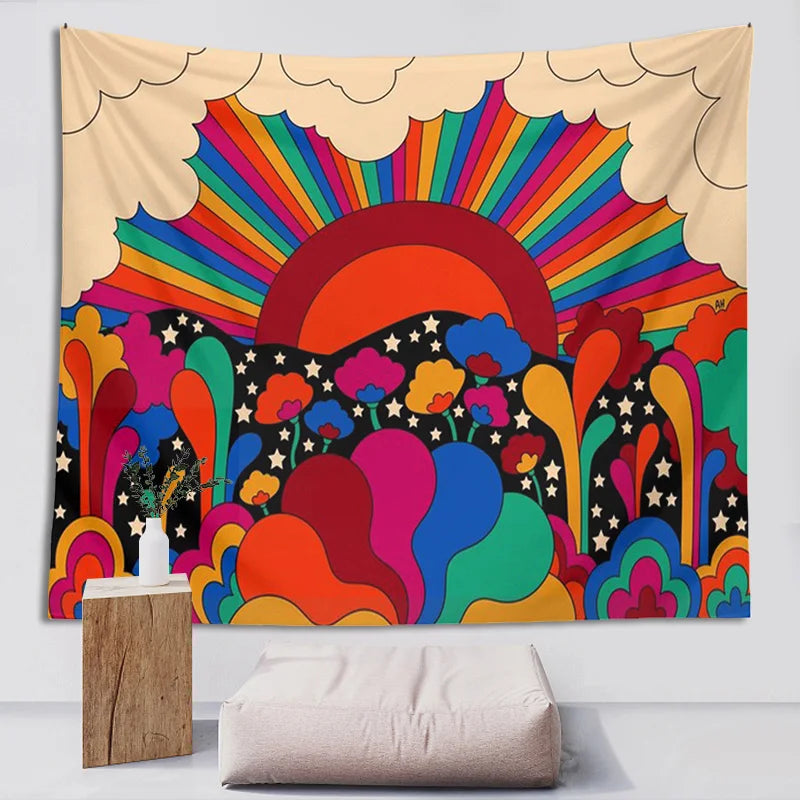 Afralia™ Retro Floral Sun Rainbow Tapestry Wall Hanging - Psychedelic Vintage Dorm Decor