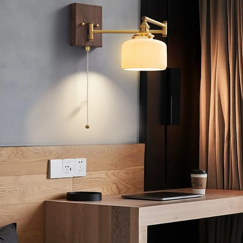 Afralia™ Wood Swing Arm LED Wall Lamp with Rotatable Shade & Pull Chain Switch