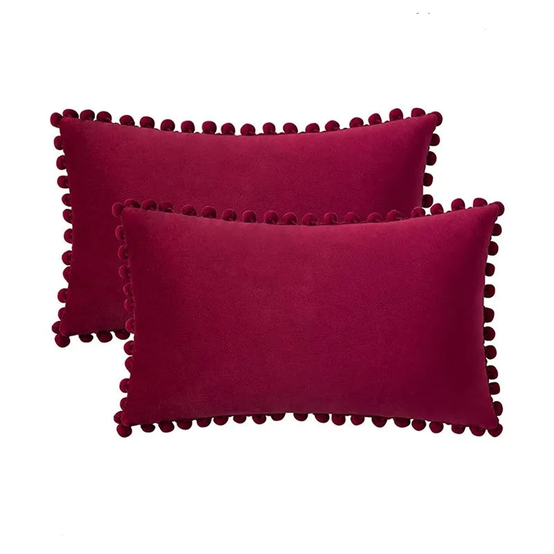 Afralia™ Velvet Red Pompom Throw Pillow Case Cushion for Nordic Home Décor