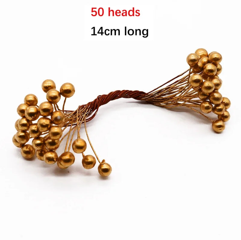 Afralia™ Gold Hybrid Flower Cherry Stamen Berries Bundle for DIY Decor