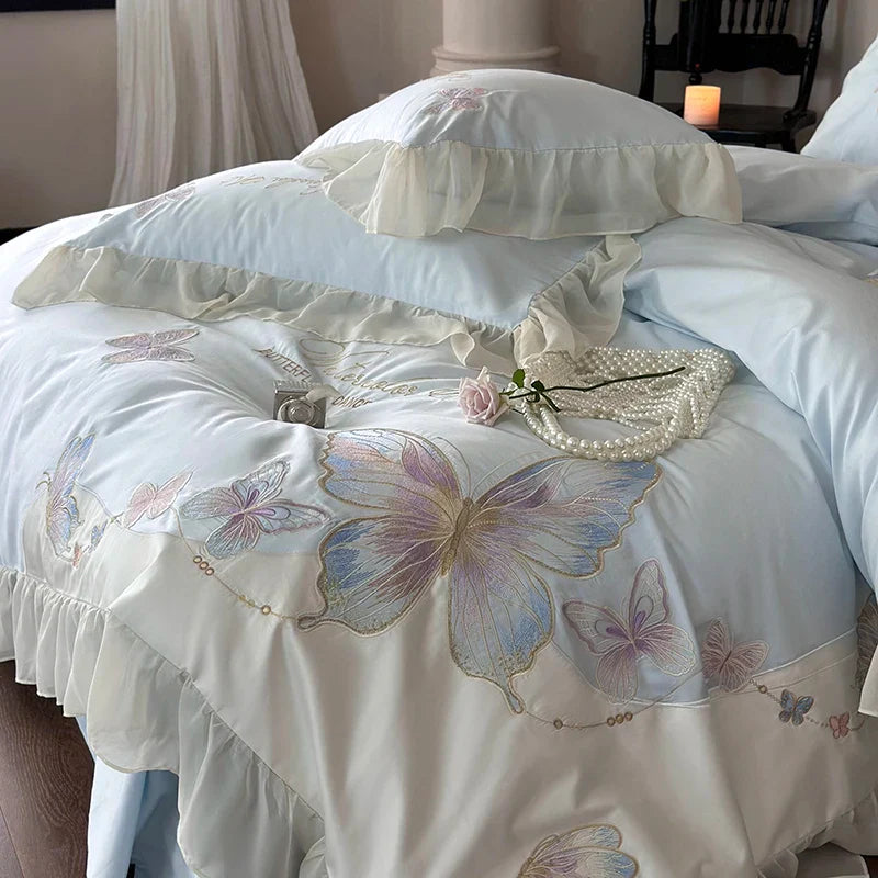 Afralia™ Butterfly Embroidery Lace Ruffles Bedding Set 100S Egyptian Cotton Duvet Cover