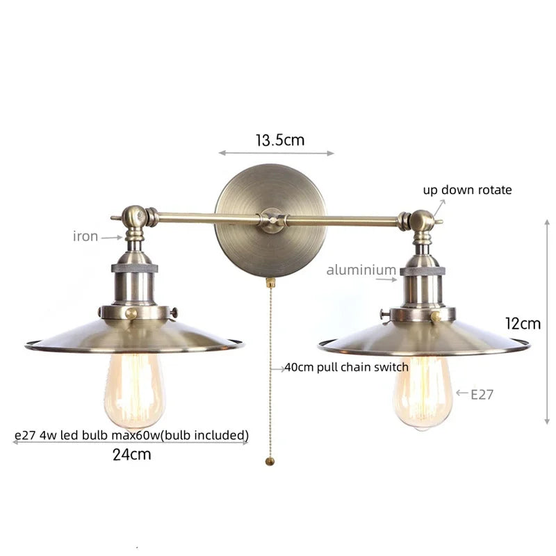 Afralia™ Industrial Retro LED Wall Lamp with Two Heads and Pull Chain Switch