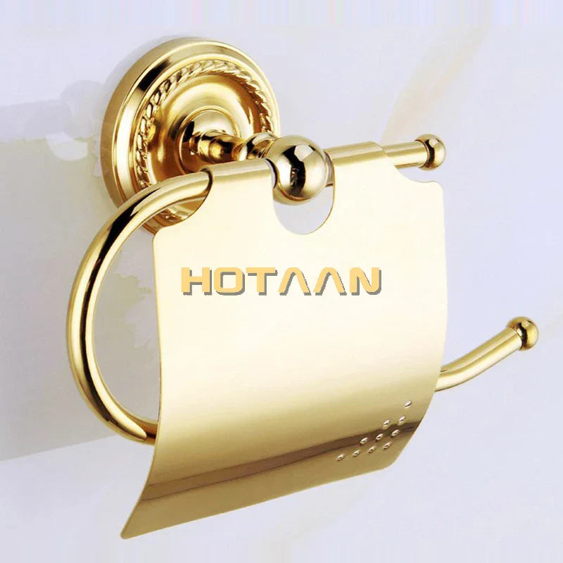 Afralia™ Gold Brass Bathroom Accessories Set: Robe Hook, Paper Holder, Towel Bar, Towel Ring