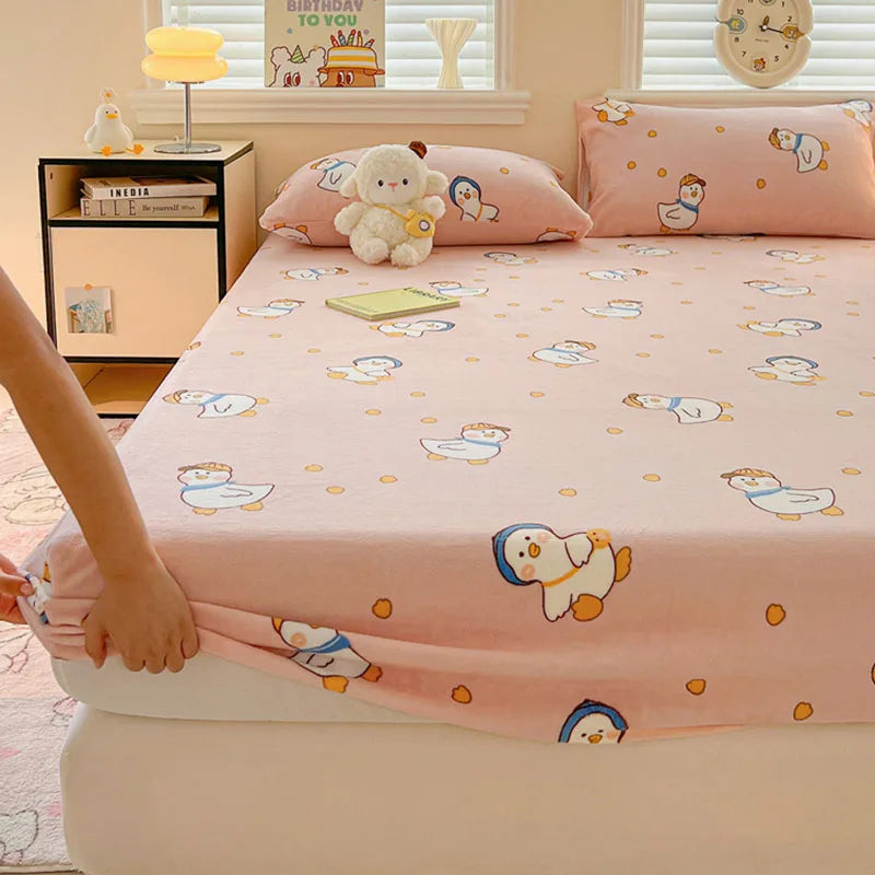 Afralia™ Milk Velvet Cartoon Printed Fitted Sheet - Cozy Plush Mattress Cover