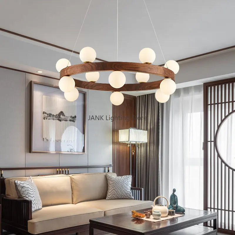 Afralia™ White Glass Ball Walnut Pendant Chandelier for Living Dining Room