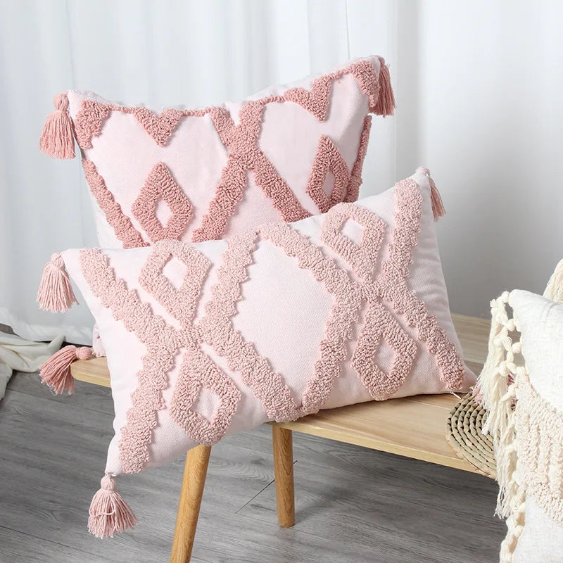 Afralia™ Pink Boho Style Tassel Cushion Cover 50x50cm/30x50cm Handmade Square Pillowcase