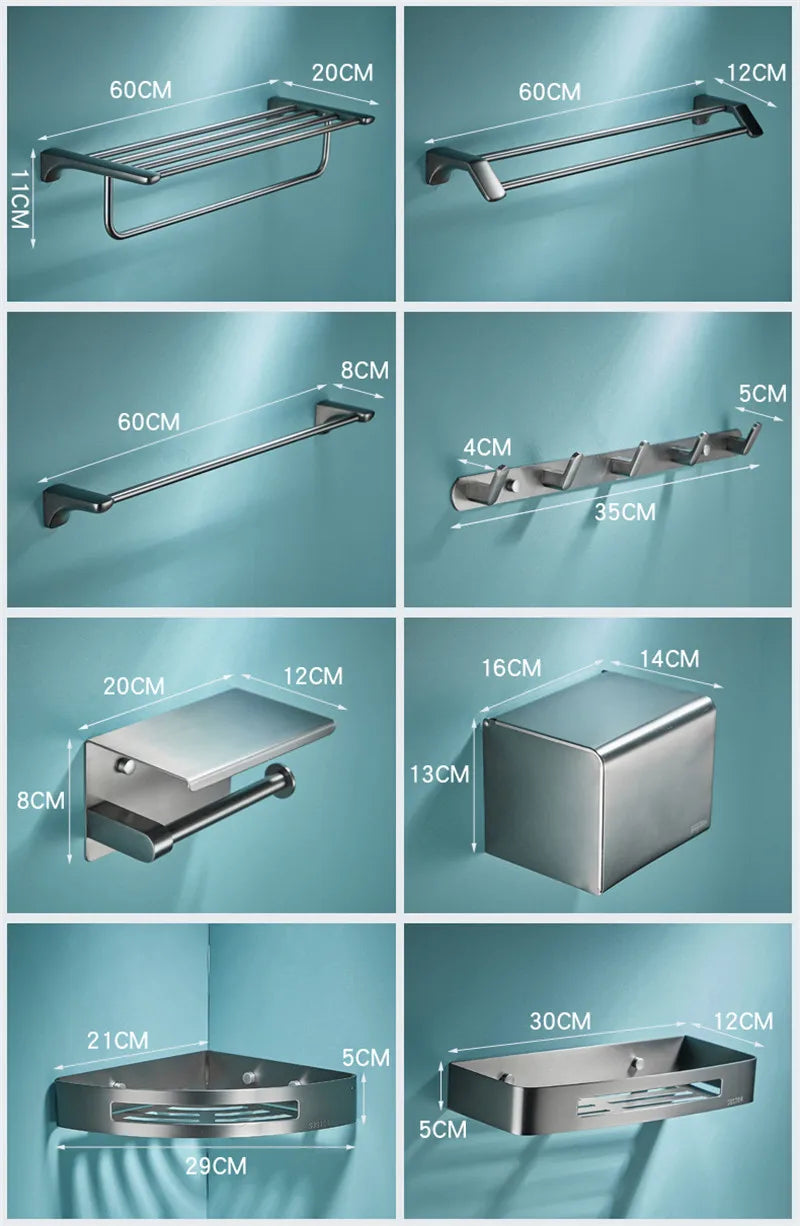 Afralia™ Grey Bathroom Accessories Set: Paper Holder, Corner Shelf, Towel Rack, Toilet Brush Holder, Towel Holder