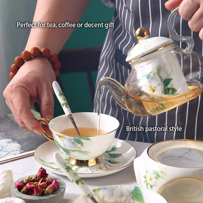 Afralia™ Camellia Floral Tea Set Bone China Glass Teapot & Ceramic Teacup Pot Strainer