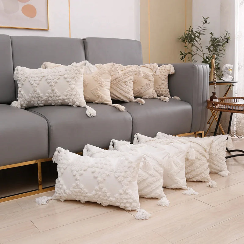 Afralia™ White Diamond Cushion Cover with Tassel Corners - Decorative Throw Pillow Cover