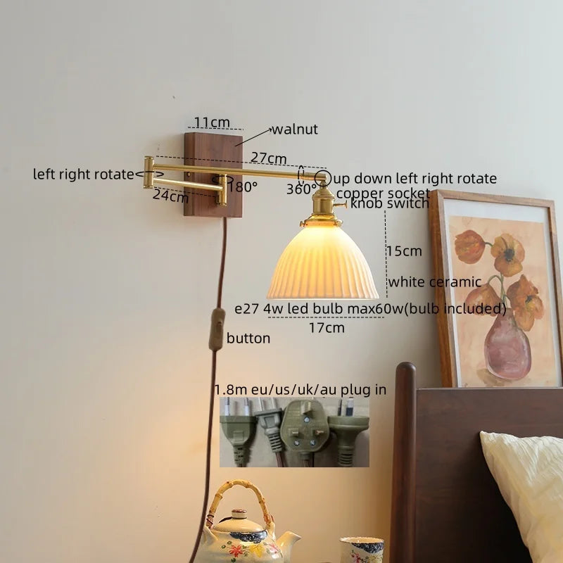 Afralia™ Ceramic Walnut LED Wall Lights for Modern Bedroom Living Room, Pull Chain Switch