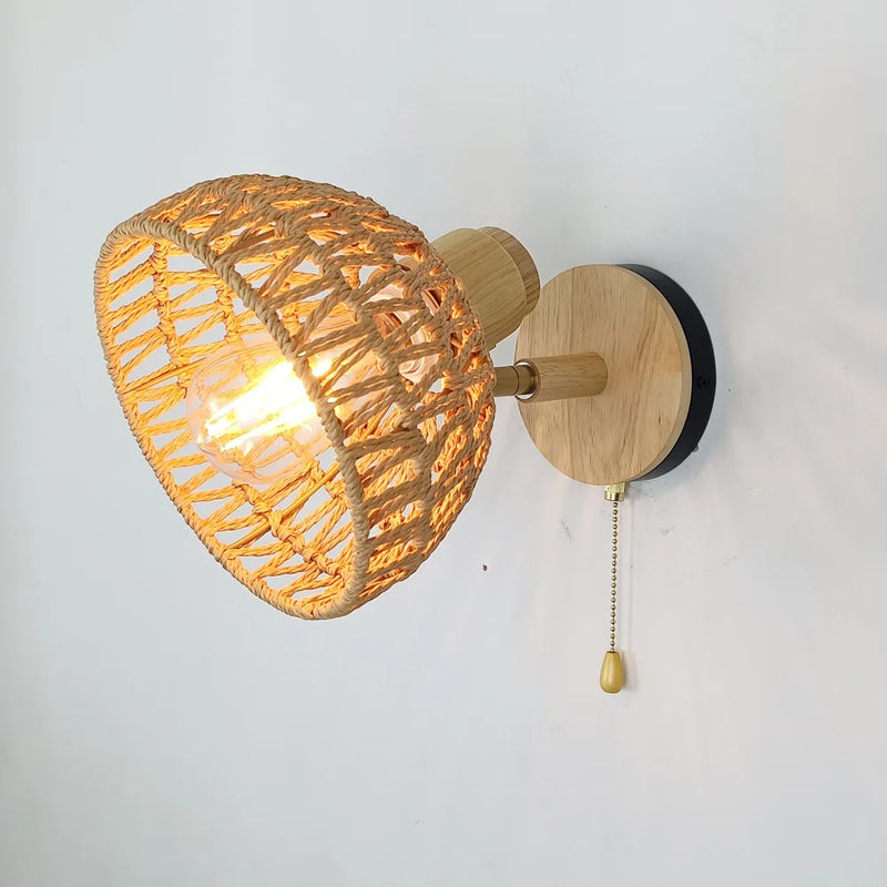 Afralia™ Rattan Zipper Wall Lamp Bedroom Mirror Woven Paper Light