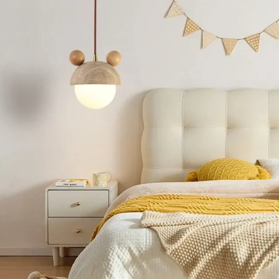 Afralia™ Nordic LED Pendant Lights Yellow Travertine White Glass Wood Hanging Lamp