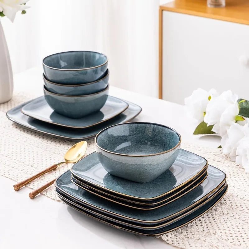 Stylish-Dishes Ceramic Dinnerware Set for 4 - 12 Pieces Square Handpainted Plates and Bowls Set