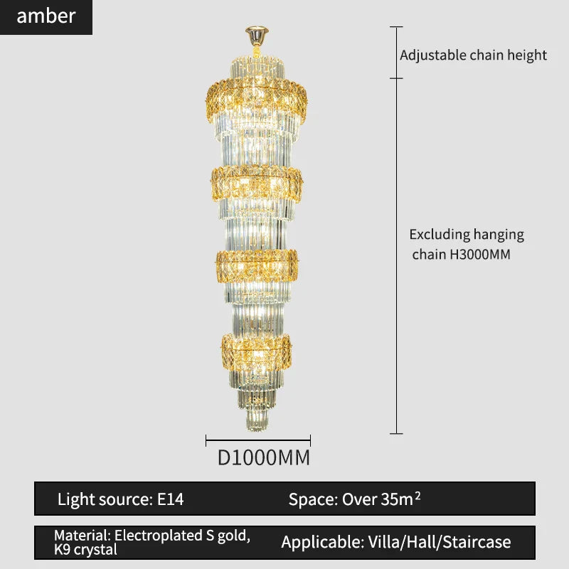 Afralia™ Elegant Crystal Hollow Long Chandelier for Duplex Living Room and Stairwell