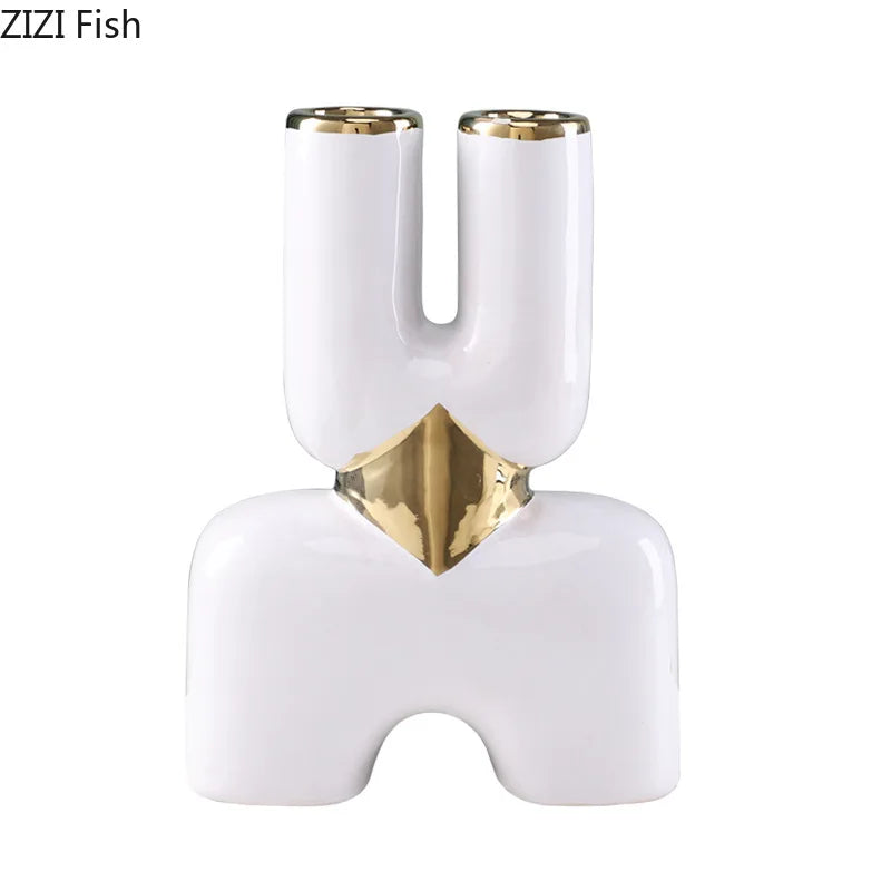 Afralia™ Gold Geometry Ceramic Vase Desk Decoration Modern Floral Room Decor Vase