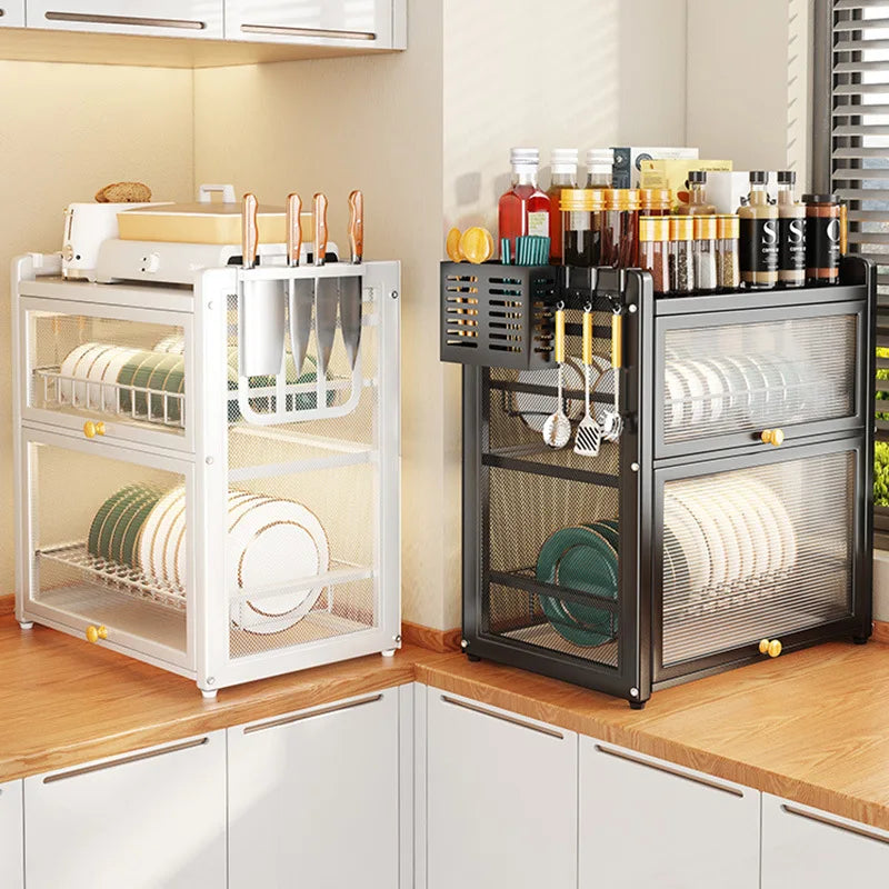 Afralia™ Double-layer Kitchen Dish Drying Rack with Chopstick Cage and Tableware Basket