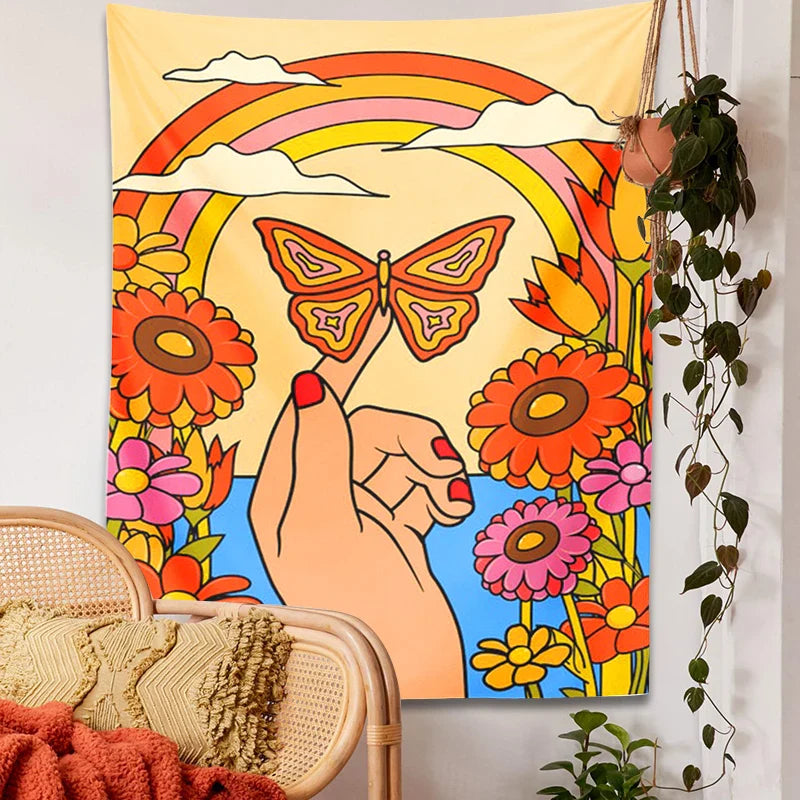 Afralia™ Butterfly Rainbow Tapestry Wall Hanging: 70s Vintage Retro Flower Child Psychedelic Art