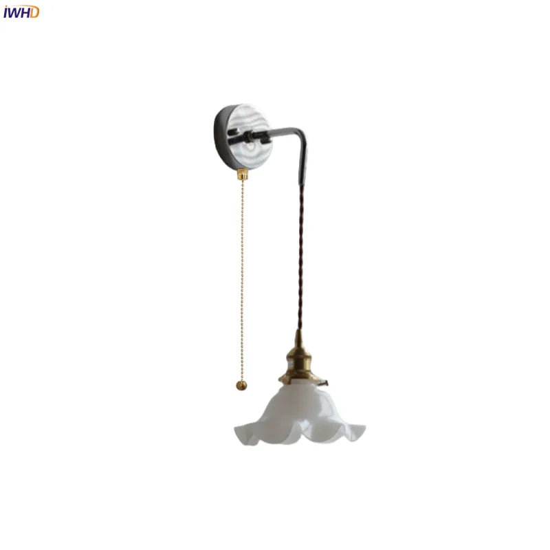 Afralia™ White Glass LED Wall Lights with Pull Chain Switch - Nordic Modern Bedside Lamp