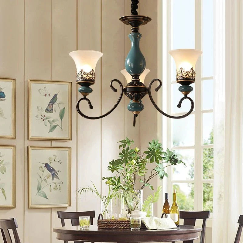 Afralia™ Retro Ceramic Chandelier with Glass Lampshade for Living Room, Bedroom, Dining Room