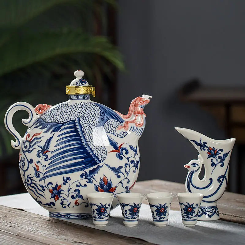 Afralia™ Vintage Ceramic Wine Pot Set, Blue and White, 3 Jin, Gift Box