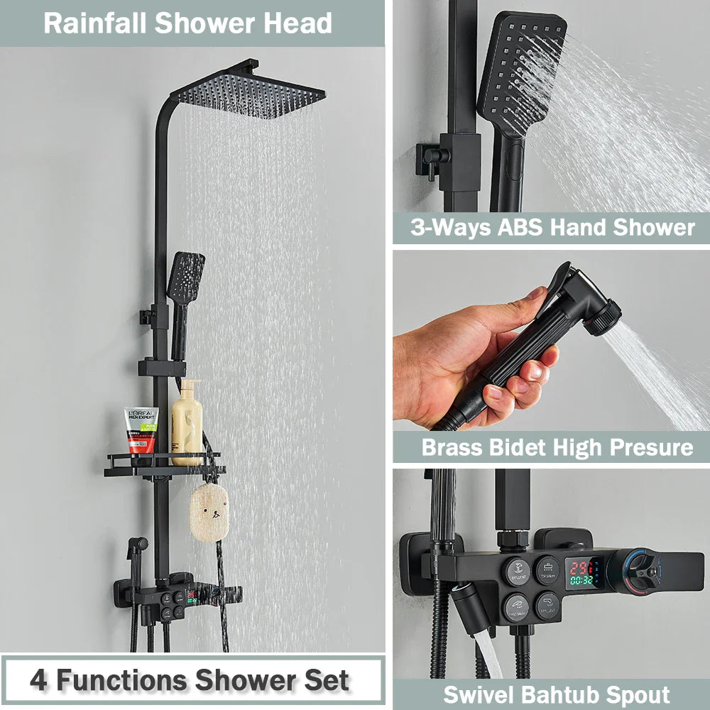Afralia™ Gold Thermostatic Shower Faucet Set: Smart Digital Mixer, Wall Mounted Rainfall System