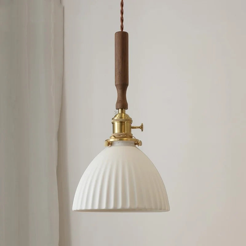 Afralia White Ceramic LED Pendant Light with Walnut Wood Accent - Modern Nordic Design