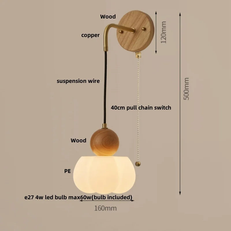 Afralia™ Walnut Wood LED Wall Lamp Sconce Pull Chain Switch Adjustable Art Light
