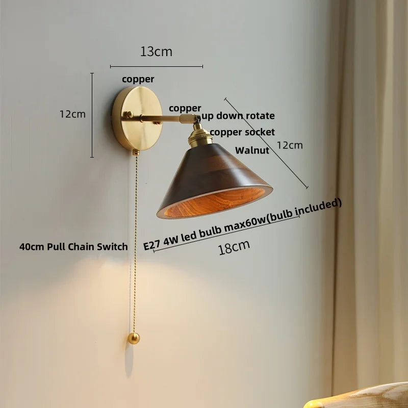 Afralia™ Nordic LED Wall Light Sconce Walnut Wood Copper Pull Chain Switch