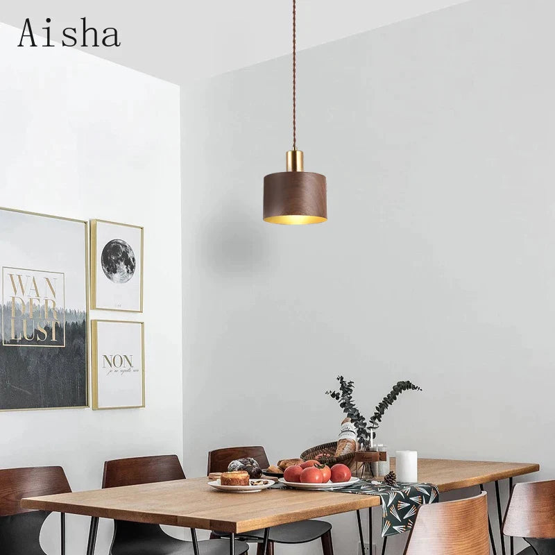 Afralia™ Wabi-sabi Iron Walnut Wood Pendant Lamp for Home Decoration