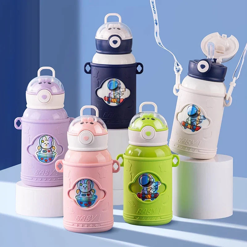 Afralia™ Kids' Cartoon Straw Water Thermos Bottle Stainless Steel Thermal Cup