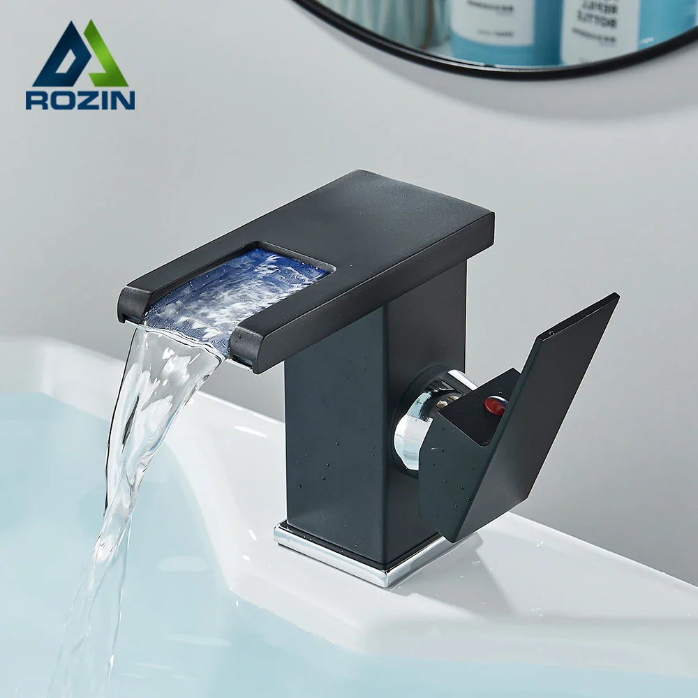 Afralia™ LED Black Waterfall Basin Faucet: Deck Mounted Hydroelectric Mixer Tap