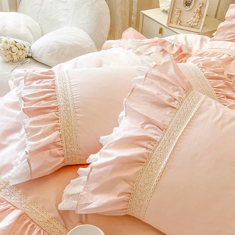 Afralia™ Pink Princess Lace Ruffles Bedding Set - 100% Cotton Double Layer Duvet Cover