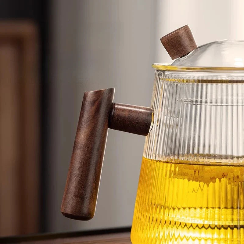 Afralia™ Glass Teapot 900ML with Wooden Handle for Puer Kung Fu Tea