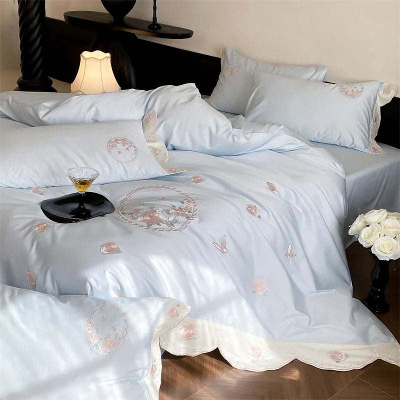 Afralia™ Rose Butterfly Embroidery Curved Edge Bedding Set: Duvet Cover, Sheet Set, Pillowcases