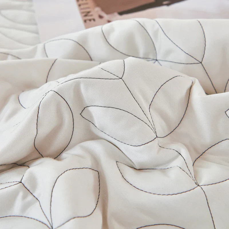 Afralia™ Leaf Embroidery Double Layer Lace Ruffles Quilt Set with Bedspread & Pillowcases