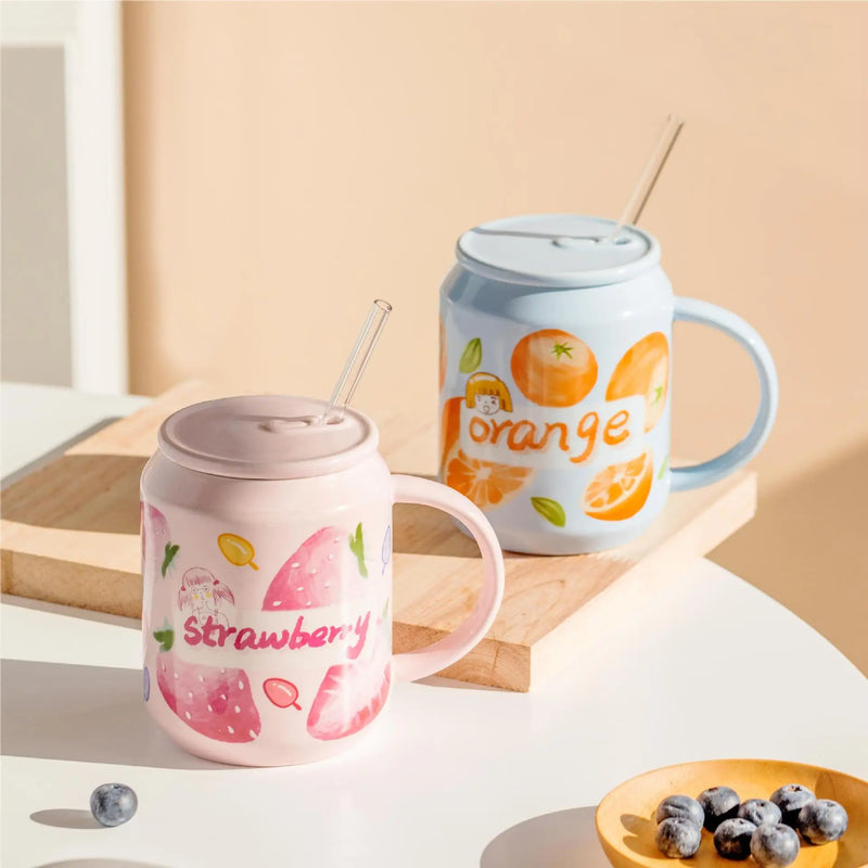 Afralia™ Fruit Shape Ceramic Mug with Lid and Straw, Cute Korean Style Design