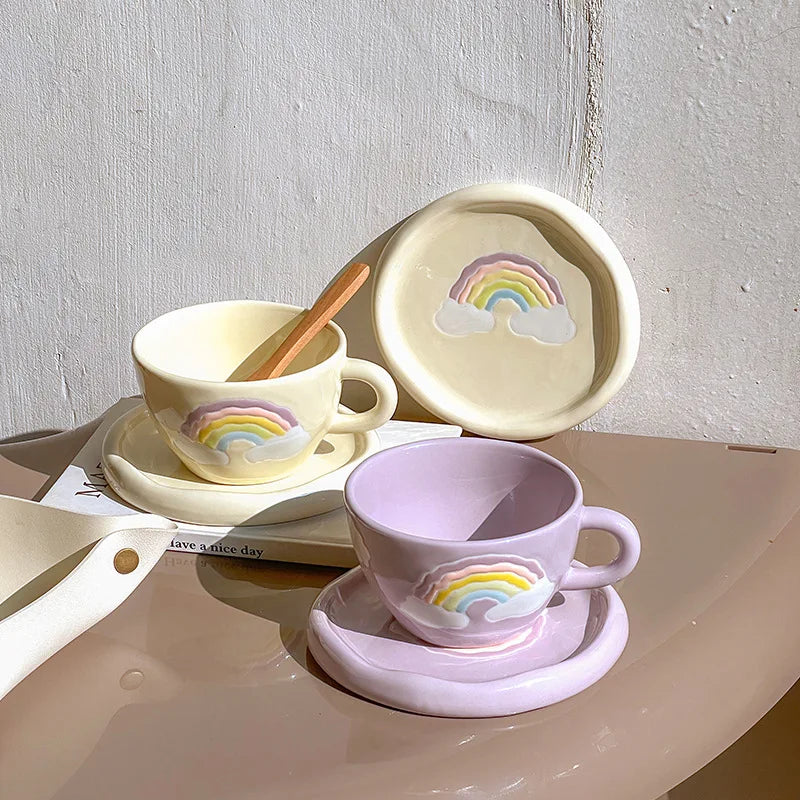 Afralia™ Rainbow Ceramic Coffee Mug Set with Tray Saucer, 250ml Korean Style